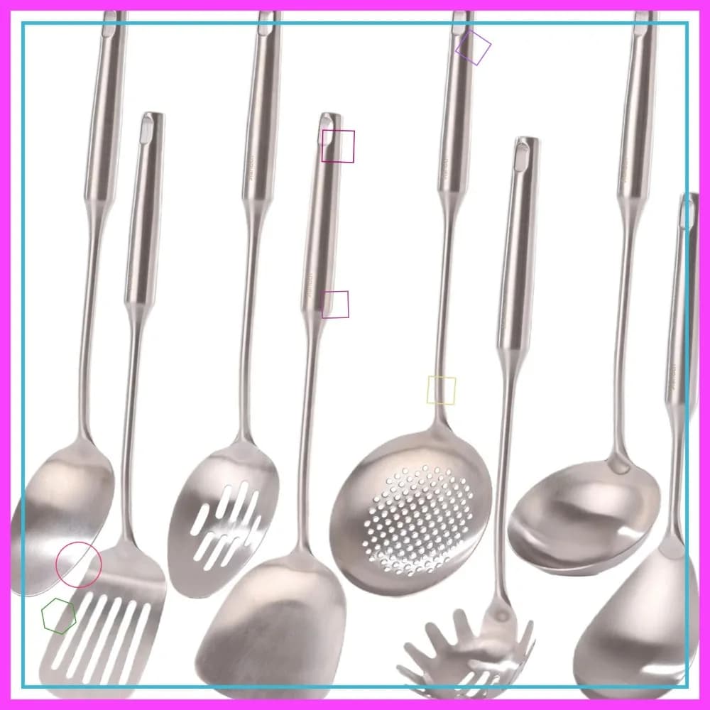 18/10 Stainless Steel Kitchen Tools - Kitchen Tools Entirely made of 15 Inch Metal, 8 Pieces: Solid Knit, Spatula, Mixer and Other