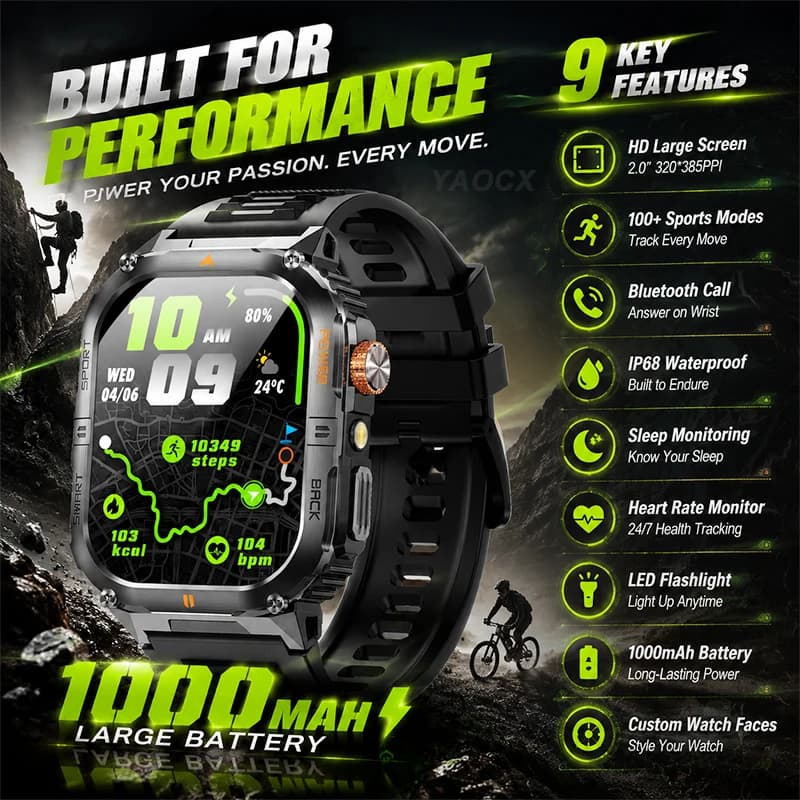 NEW Outdoor Sport Smart Watch 1000mAh Health Monitor Flashlight Sports Mode 3ATM Waterproof BT Call Voice Assistant Smart Watch