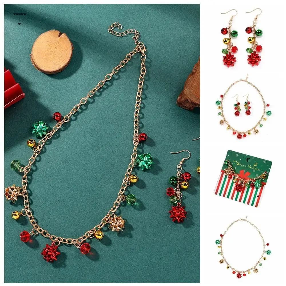 Collana di moda Campana di Natale Set di gioielli Bracciale Campana colorata Orecchini a catena con clavicola di Natale Festival in lega
