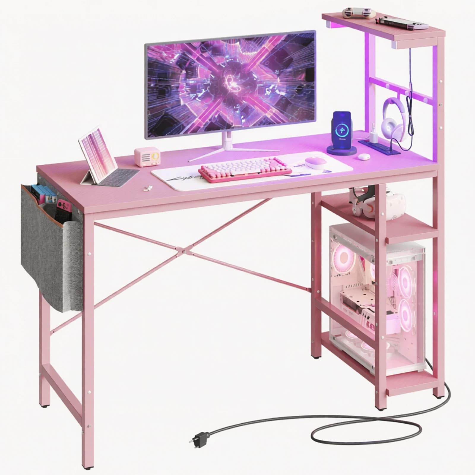 NOST&HOST Scrivania da Gaming Rosa da 44 Pollici con Prese di Corrente, 4 Ripiani Reversibili, Gancio per Cuffie e Borsa Laterale (Fibra di Carbonio 3D Rosa)
