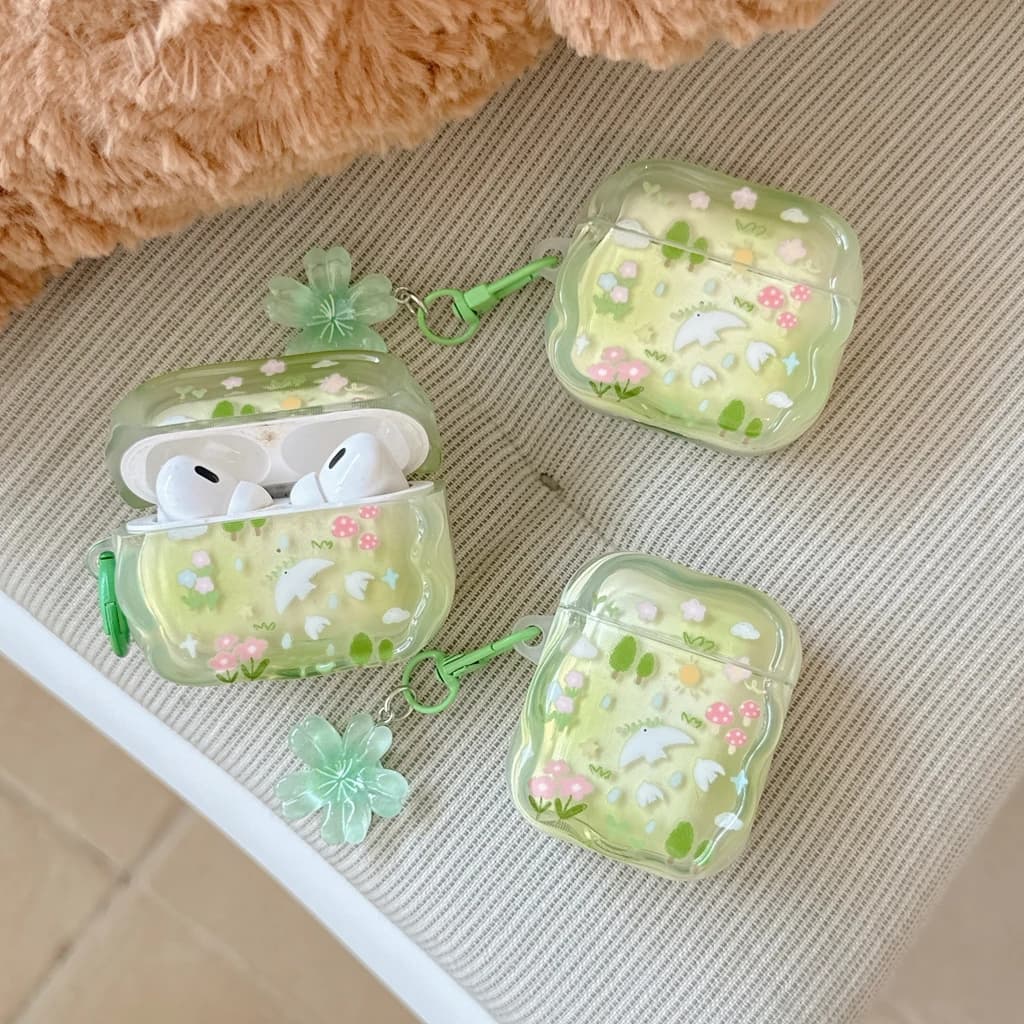 Custodia Protettiva Antiurto per Auricolari con Bordo Ondulato e Pendente, Design Giardino Verde Fresco e Foresta, per AirPods 1 o 2 3 4 Pro 2 Pro 3