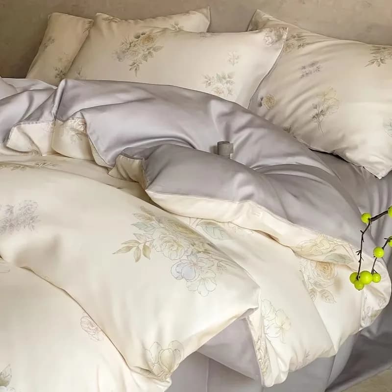 Set di Quattro Pezzi Copripiumino Effetto Ghiaccio, Set di Tre Pezzi Biancheria da Letto di Alta Gamma, Motivo con Piante e Fiori, Delicato sulla Pelle