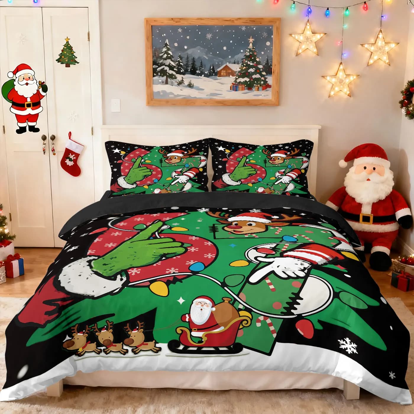 Set copripiumino coreless stampato con 67 elementi natalizi divertenti da 3 pezzi, decorazione per biancheria da letto per camera da letto multiformato, lavabile in lavatrice
