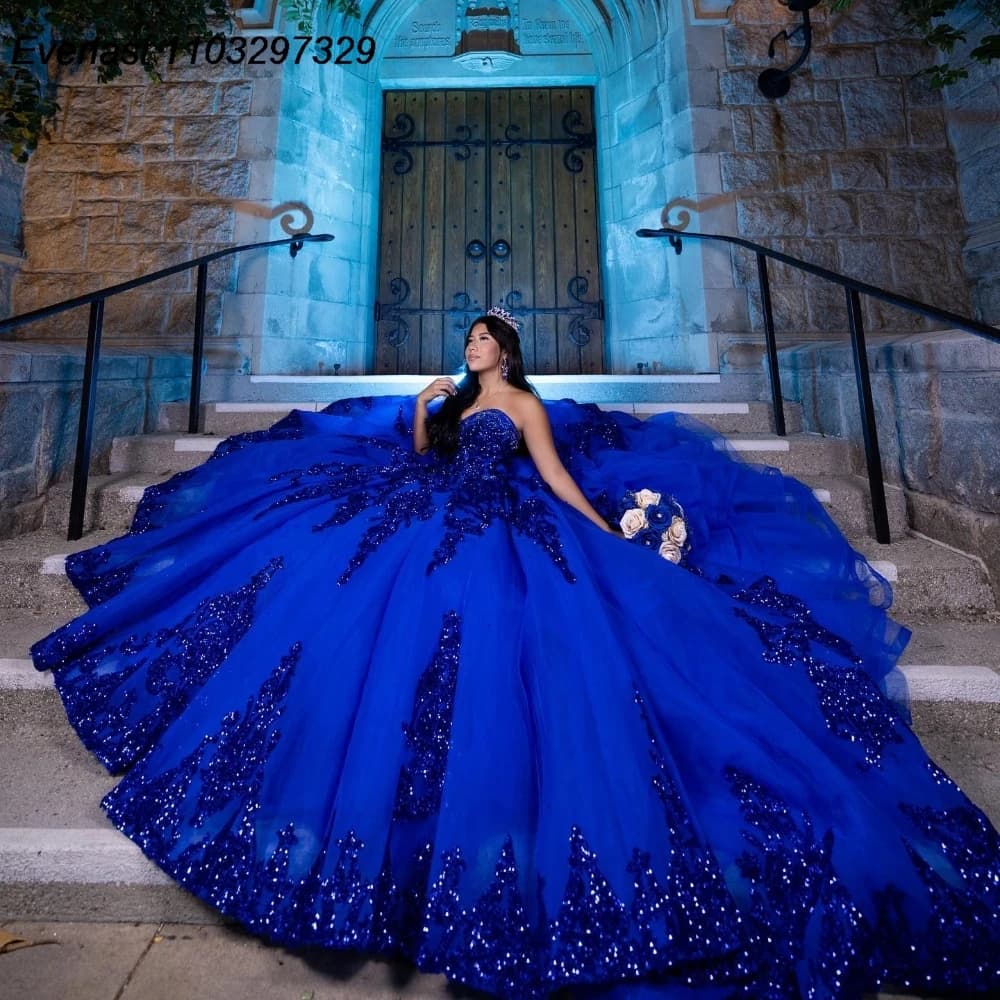 EVLAST Customized Royal Blue Quinceanera Dress Ball Gown Sequins Applique Beading Mexico Sweet 16 Vestido De 15 Anos QD1148