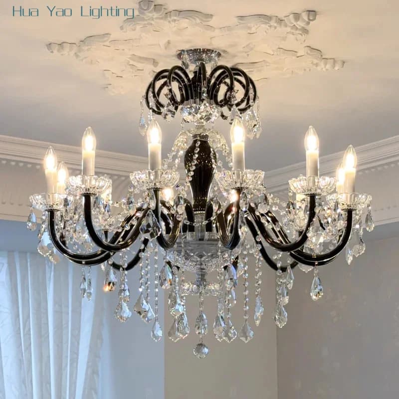 Lampadario di lusso francese nero lucido Soggiorno Candela di vetro E14 Lampada a sospensione Decorazioni per la casa Luminarias a led in cristallo Luce per interni