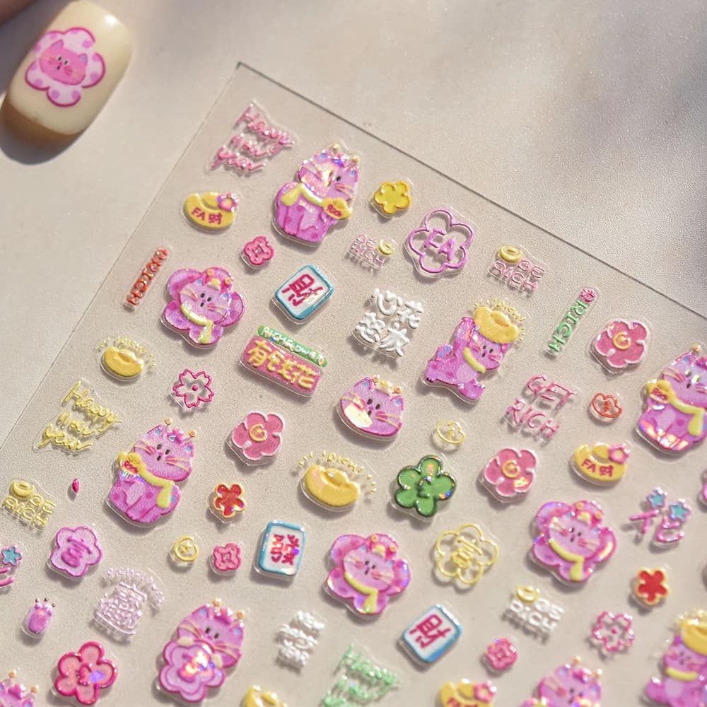 Adesivi per nail art 5D con gatto della fortuna rosa cinese, motivi floreali del tesoro dorato, decorazione autoadesiva carina, decalcomania per manicure fai da te