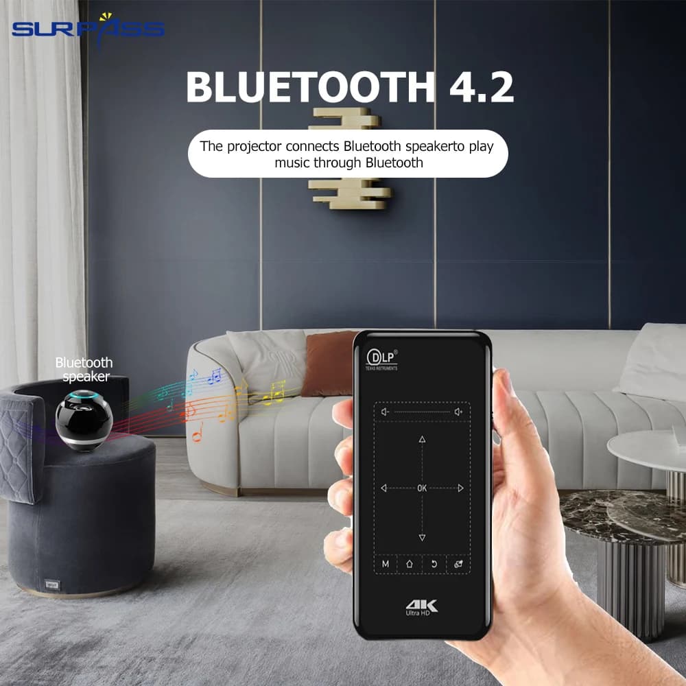 Proiettore Portatile DLP SURPASS Mini Tascabile Android 9.0 2GB RAM 32GB ROM WIFI5 BT4.2 4K HD Beamer Home Cinema Proiettore Video LED