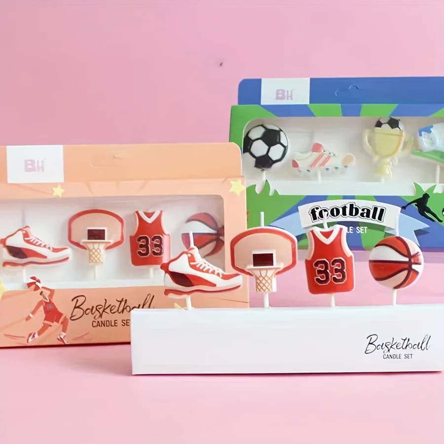 Set of 4 Candles Creative Theme Basketball and Football, Birthday Party Decorations, Toppers for Sports Theme, Cartoon Candles for Festival