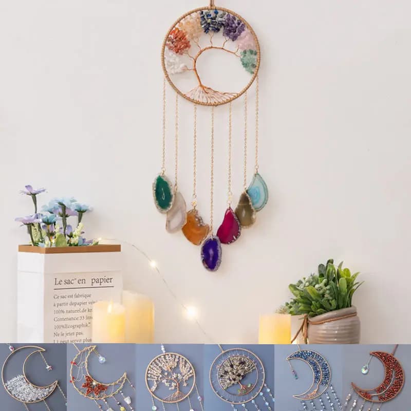 Crystals Suncatcher 7 Chakra Tree of Life Gemstone Natural Stone Quartz Obsidian Amethyst Agate Moon Sun Catchers Healing Decor
