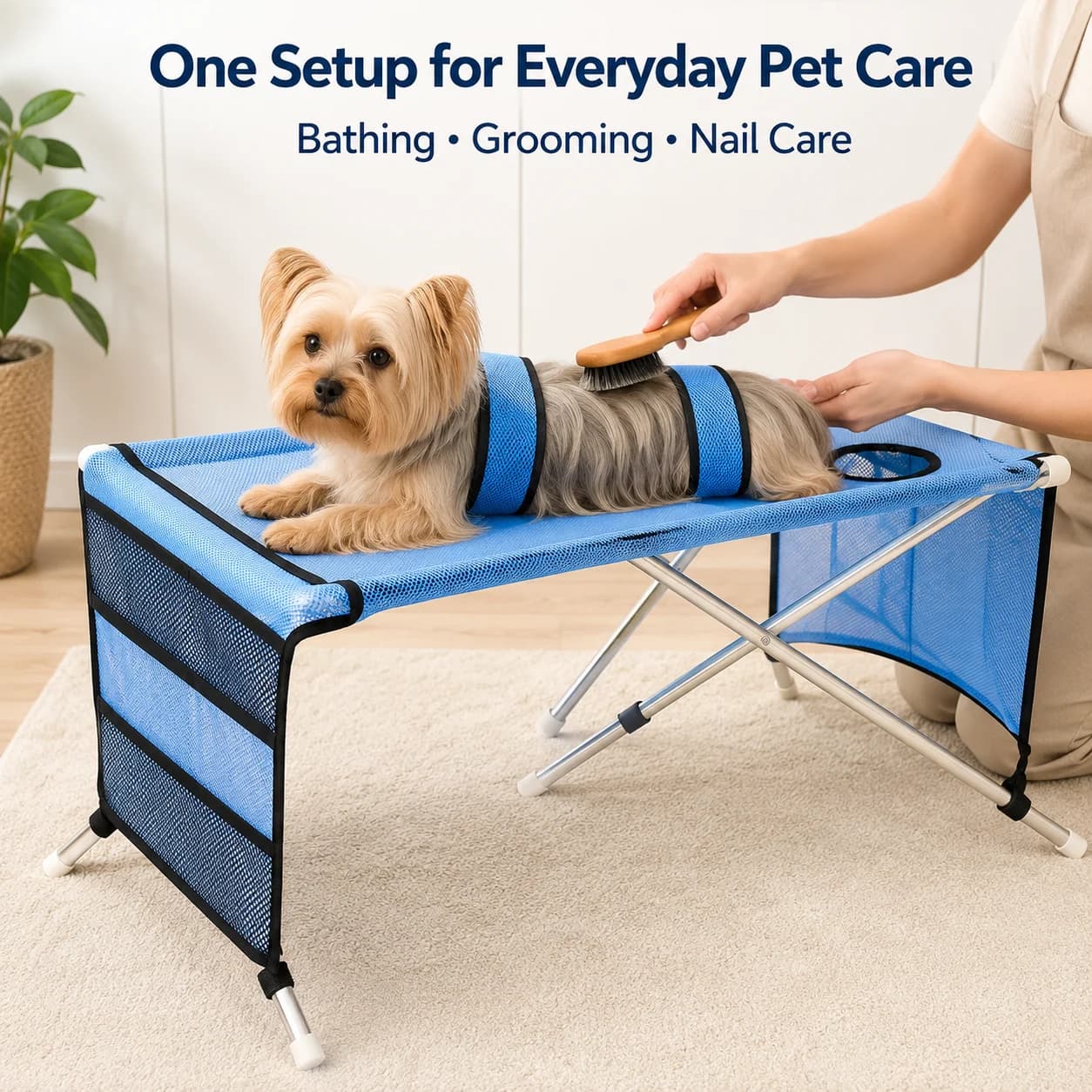 Upgraded Pet Bathing Grooming Stand Foldable Dog Cat Washing Rack Adjustable Restraint Quick Dry Mesh Nail Care Holder