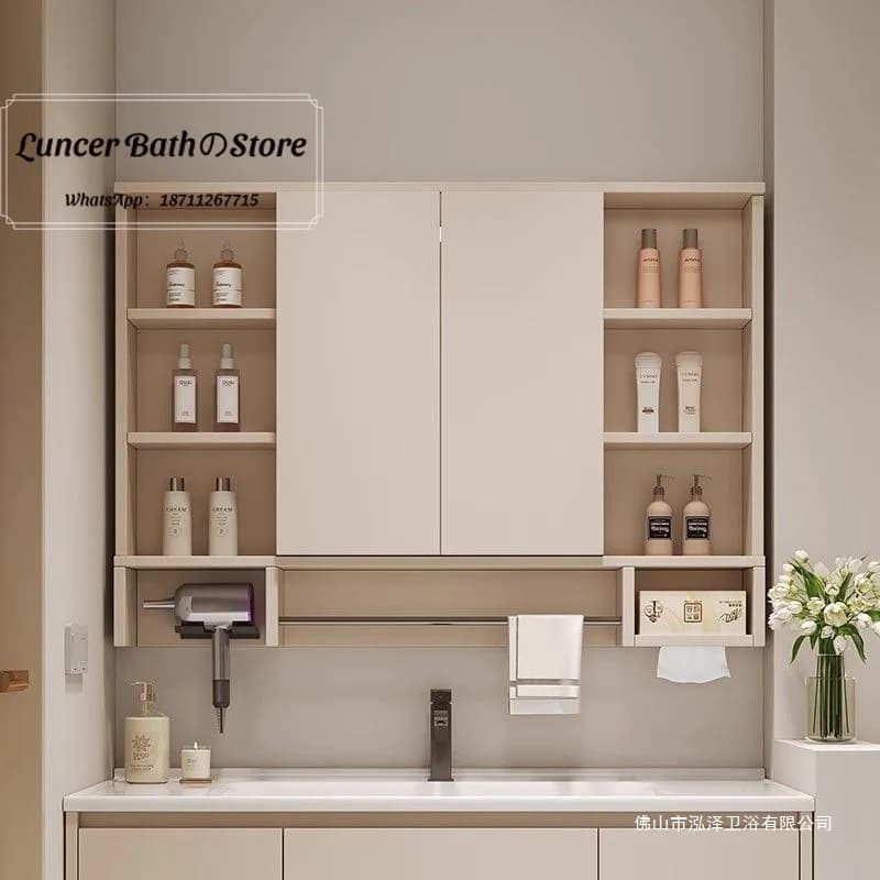Bathroom cream wind multi-layer solid wood hidden foldingseparate wall-mounted feng shui mirror with towel bar storage