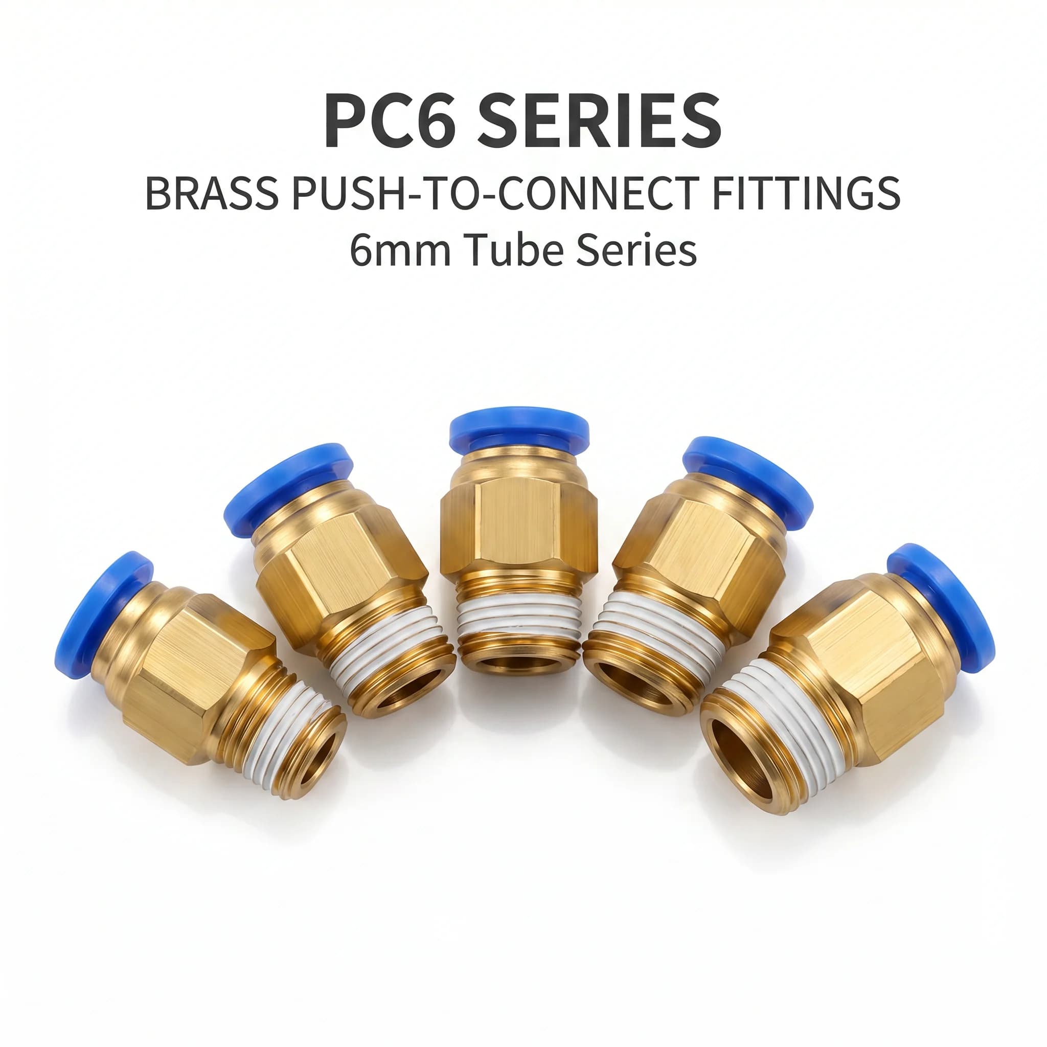 PC6 Pneumatic Push-to-Connect Fittings, Brass Air Hose Connector, Quick Connector, 6mm Tube, M5 1/8" 1/4" 3/8" 1/2" Thread