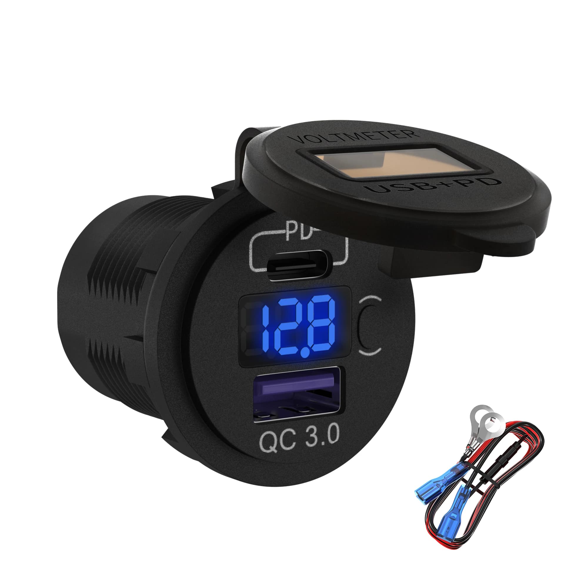 Presa per caricabatteria da auto USB C da 12 V 48 W PD Tipo C e QC 3.0 Presa di ricarica doppia presa USB da 12 Volt Porta impermeabile con voltmetro