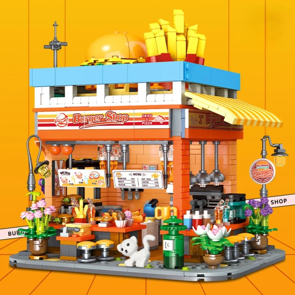 Street View Creative Burger Shop Building Blocks MOC Set di assieme modulari Decorazione del desktop Idee modello Giocattoli Regali per bambini