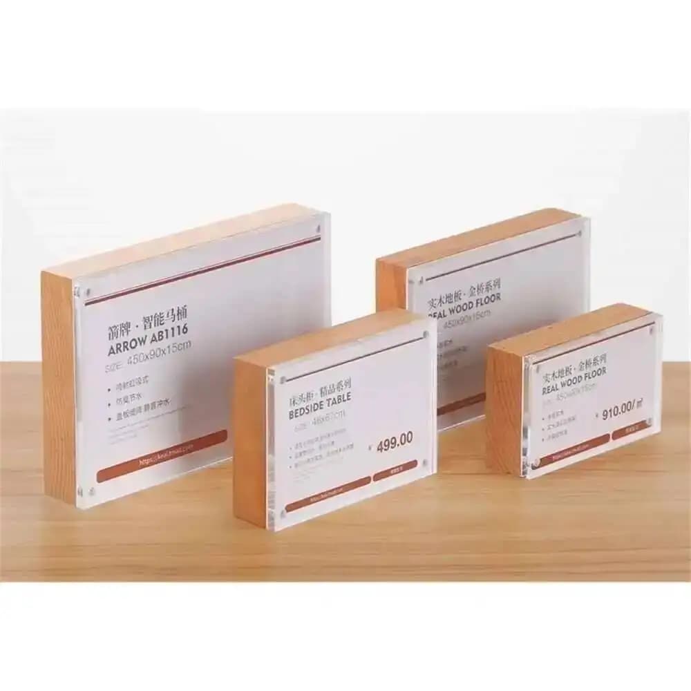 Espositore per carte prezzo da scrivania Cornice magnetica in blocco di legno massello Espositore per cartellini del prezzo delle merci Porta etichette in acrilico Supporto per menu da scrivania