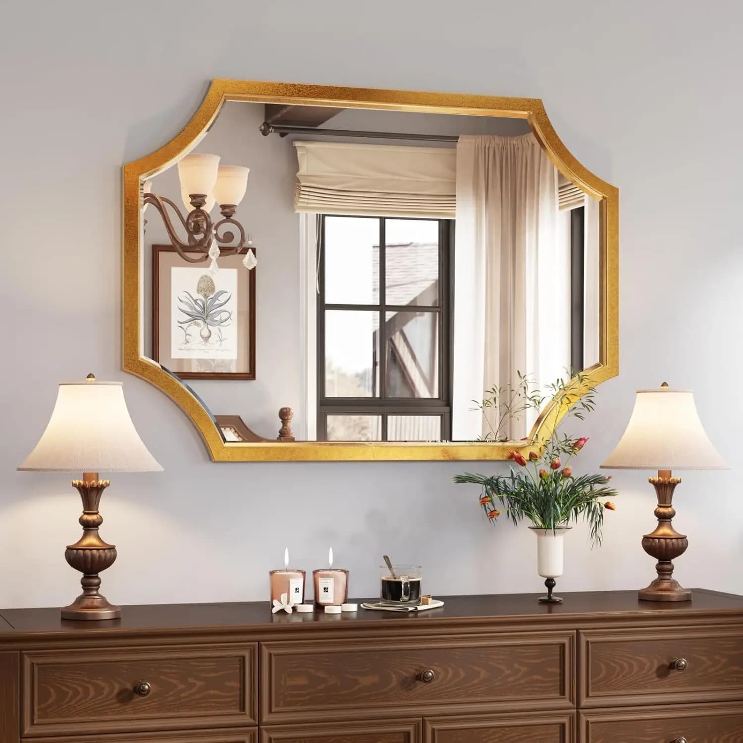 Piccolo Specchio Dorato da Parete, 20"x28" Specchio Dorato per Bagno, Specchio Decorativo da Parete con Bordo Ondulato e Smussato