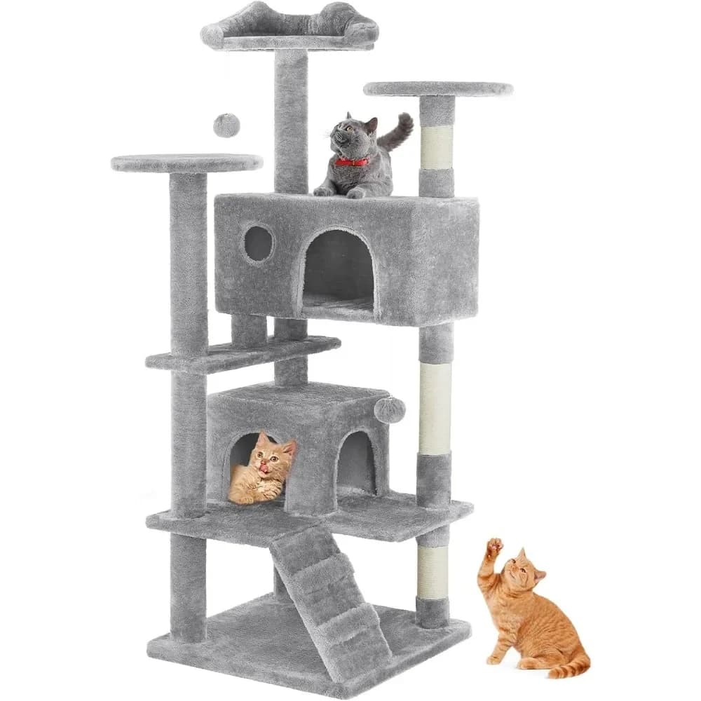 Albero per Gatti Multilivello Grigio Chiaro da 54 Pollici con Tiragraffi, Scala per Arrampicarsi, Giocattolo in Peluche e Casetta Gioco