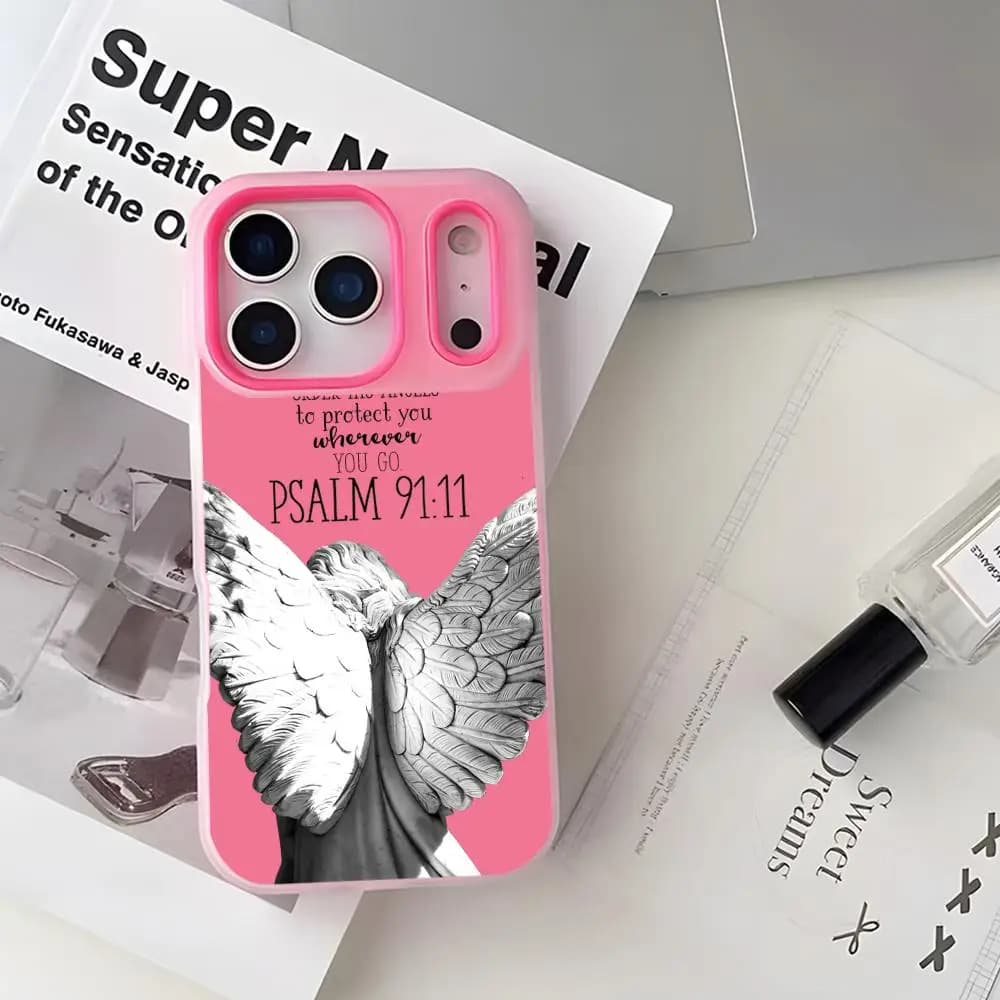 Custodia per telefono con citazione cristiana Angel Psalm per iPhone 17 16 15 14 13 12 11 Pro Max Plus Mini, trasparente, antiurto, morbida