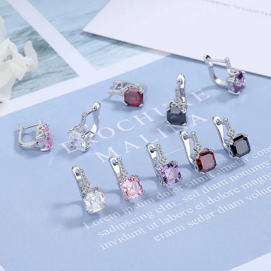 New square earring design with zircon inlays, featuring a large center stone; trendy zircon ear clips and studs—manufacturer‑dir