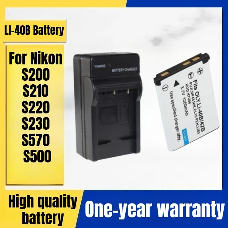 LI-40B EN-EL10 Batteria per fotocamera, caricabatterie per fotocamera digitale Nikon S200 S210 S220 S230 S570 S500 3,7 V 1200 mAh