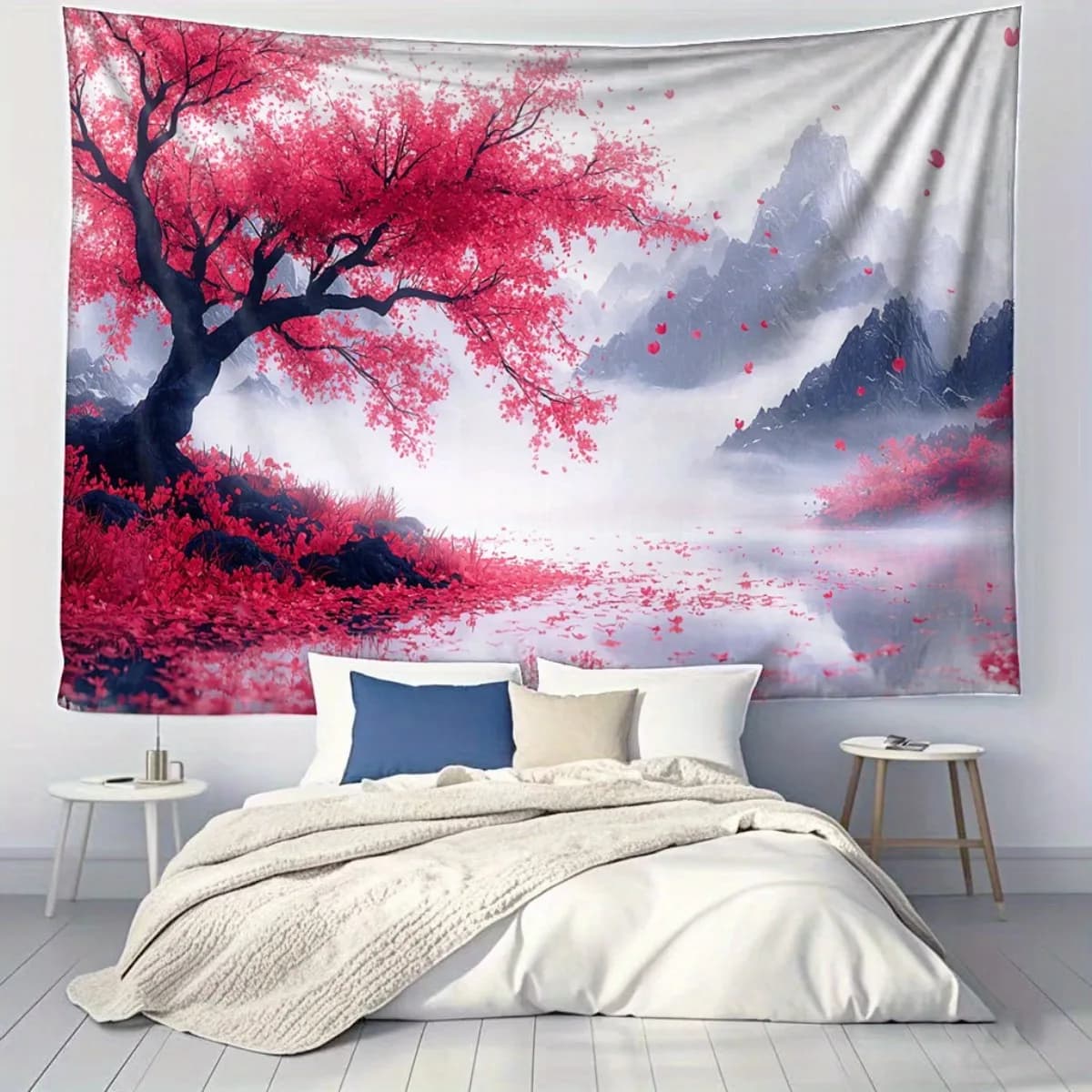Sakura Tree Tapestry Polyester Wall Hanging Pink Blossoms Misty Mountains Living Room home decor aesthetic