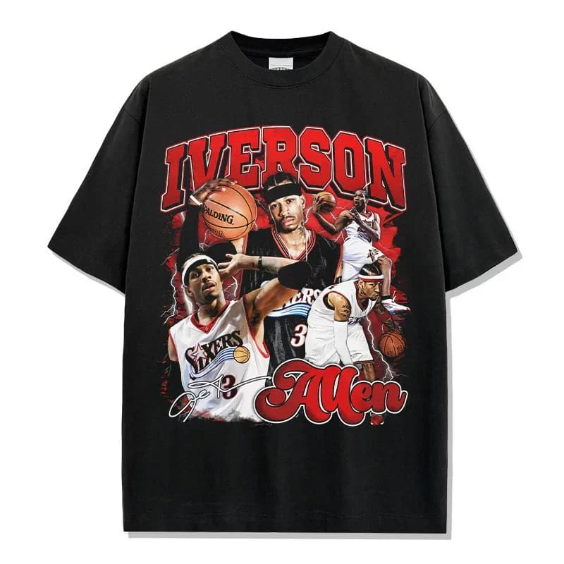 T-Shirt Vintage con Grafica di Allen Iverson Cross Over Legend, Oversize con Collo Tondo, in Cotone Effetto Vissuto, Stile Streetwear da Basket