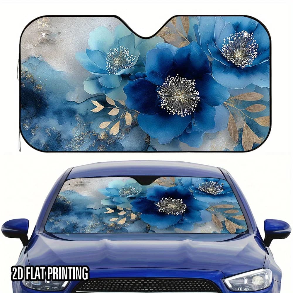 1 parasole per auto con stampa linguistica floreale con rima blu piatta 2D - Visiera parasole per parabrezza universale, elegante e fresca, ideale per Blocki