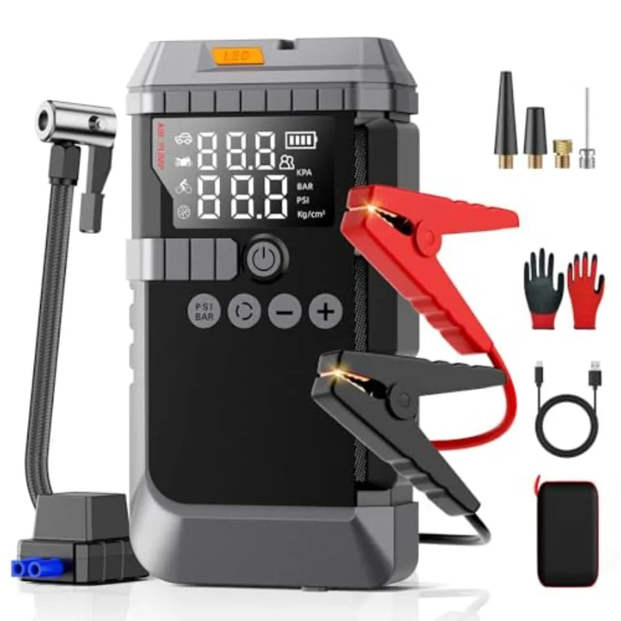 Avviatore di Emergenza Portatile 12V con Compressore d'Aria 160PSI, Gonfiatore Pneumatici per Motori a Benzina e Diesel 12L, Display LED, Luce Rossa, Ricarica Rapida