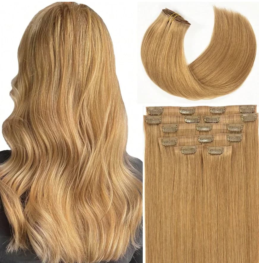 Clips in Hair Extensions for Short Hair Human Hair Pieces Remy Real 8 pieces for set with 18 clips Double texture # 27Biondo Dark