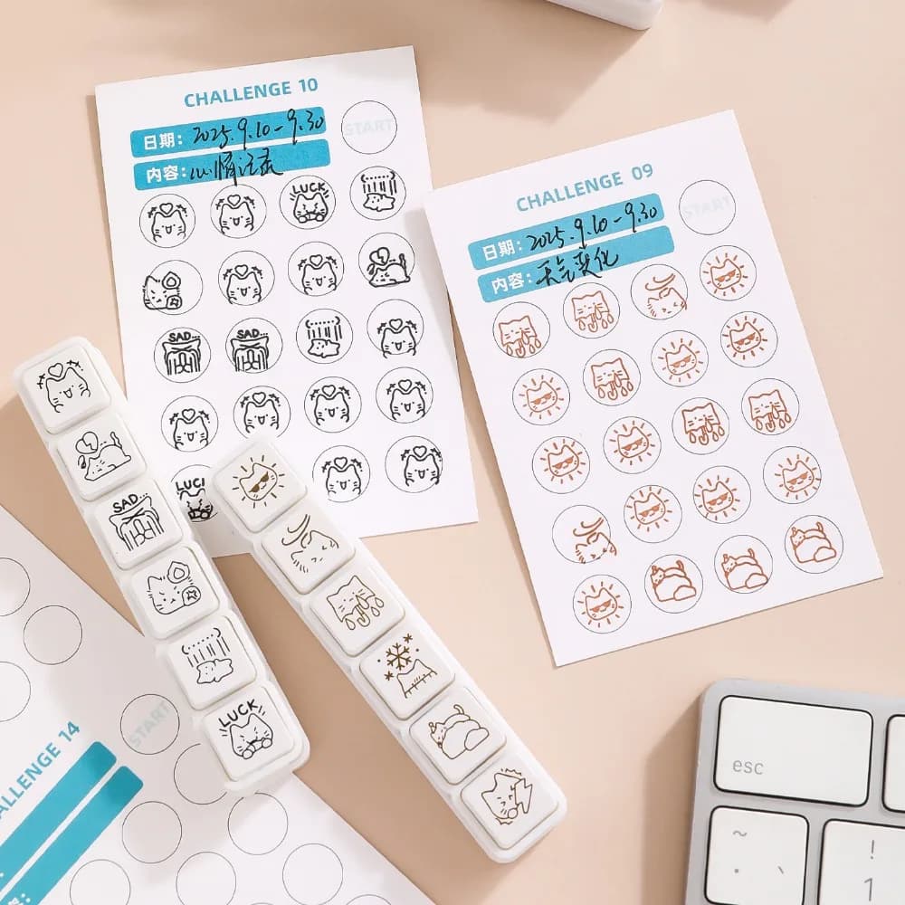 Cute Good Mood Series Cat Shape Stamp Mini DIY Cartoon Pattern Stamps Simple 6 Lines Diary Stamp Notebook Scrapbooking Decor
