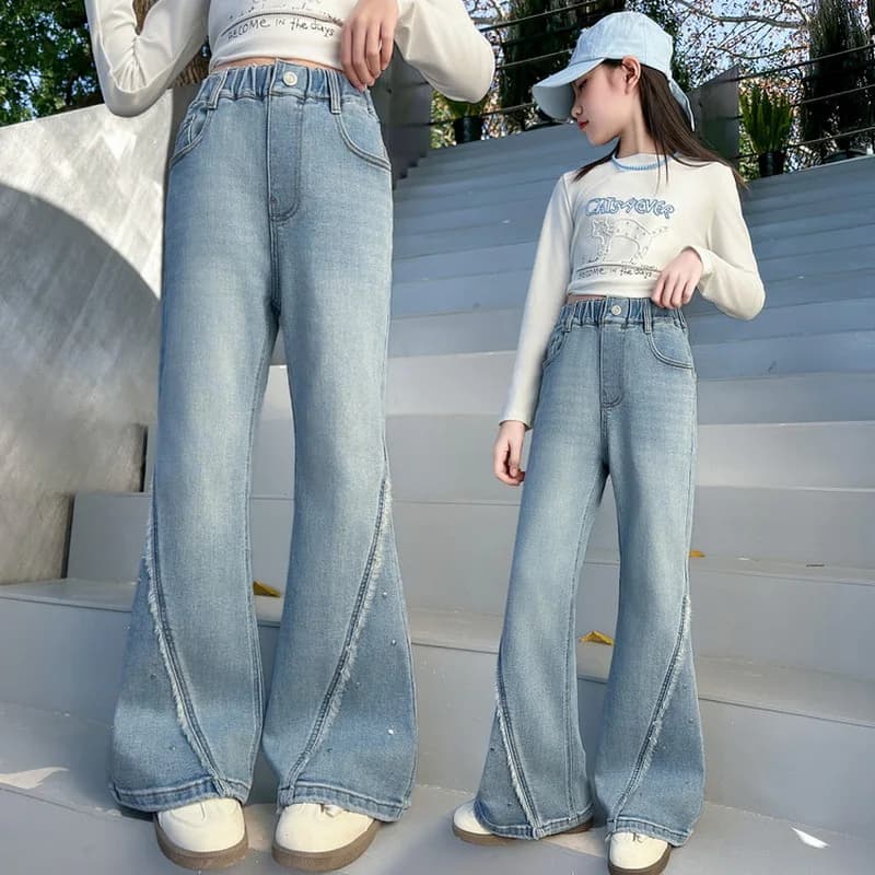 New Children High Street Bootcut Raw Edge Jeans For Girls Slim Fit Micro-Flared Denim Pants Kids Spring Autumn Elegant Trousers