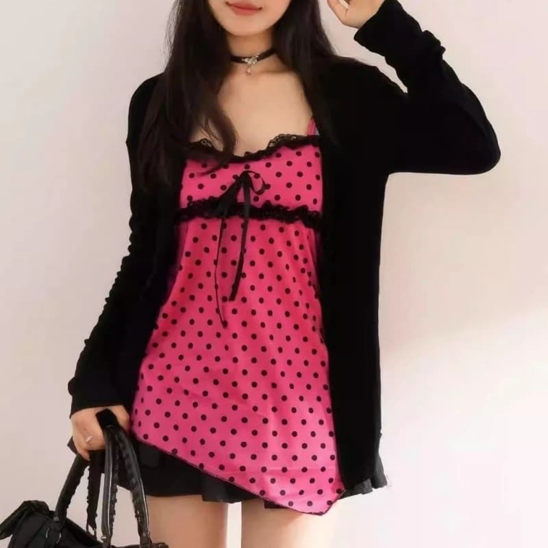 Set di Top Giapponesi Vintage a Pois per Donna, Cardigan Casual alla Moda a Maniche Lunghe, Top Sexy con Fiocco in Pizzo e Spalline Sottili