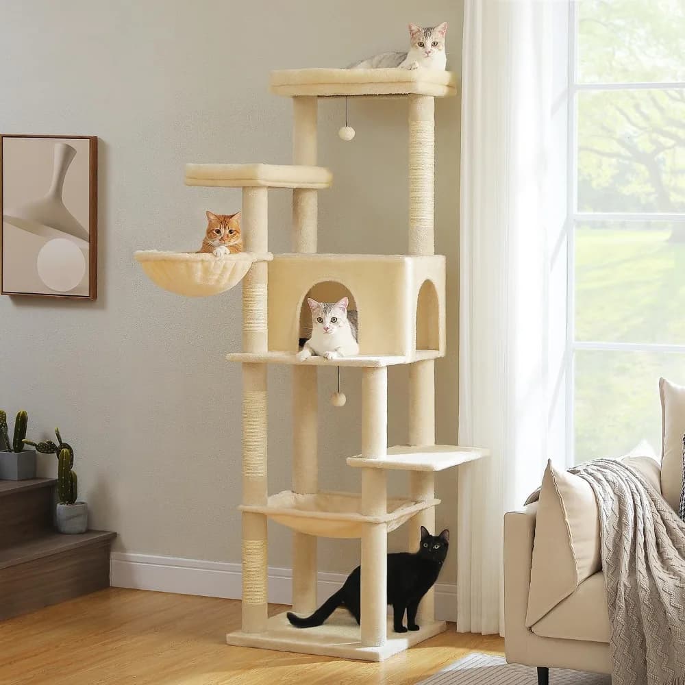 PAWZ Road Grande albero per gatti, torre per gatti alta 73 pollici con 1 grande posatoio imbottito, 2 amache spaziali, 8 tiragraffi lunghi, XL Plu