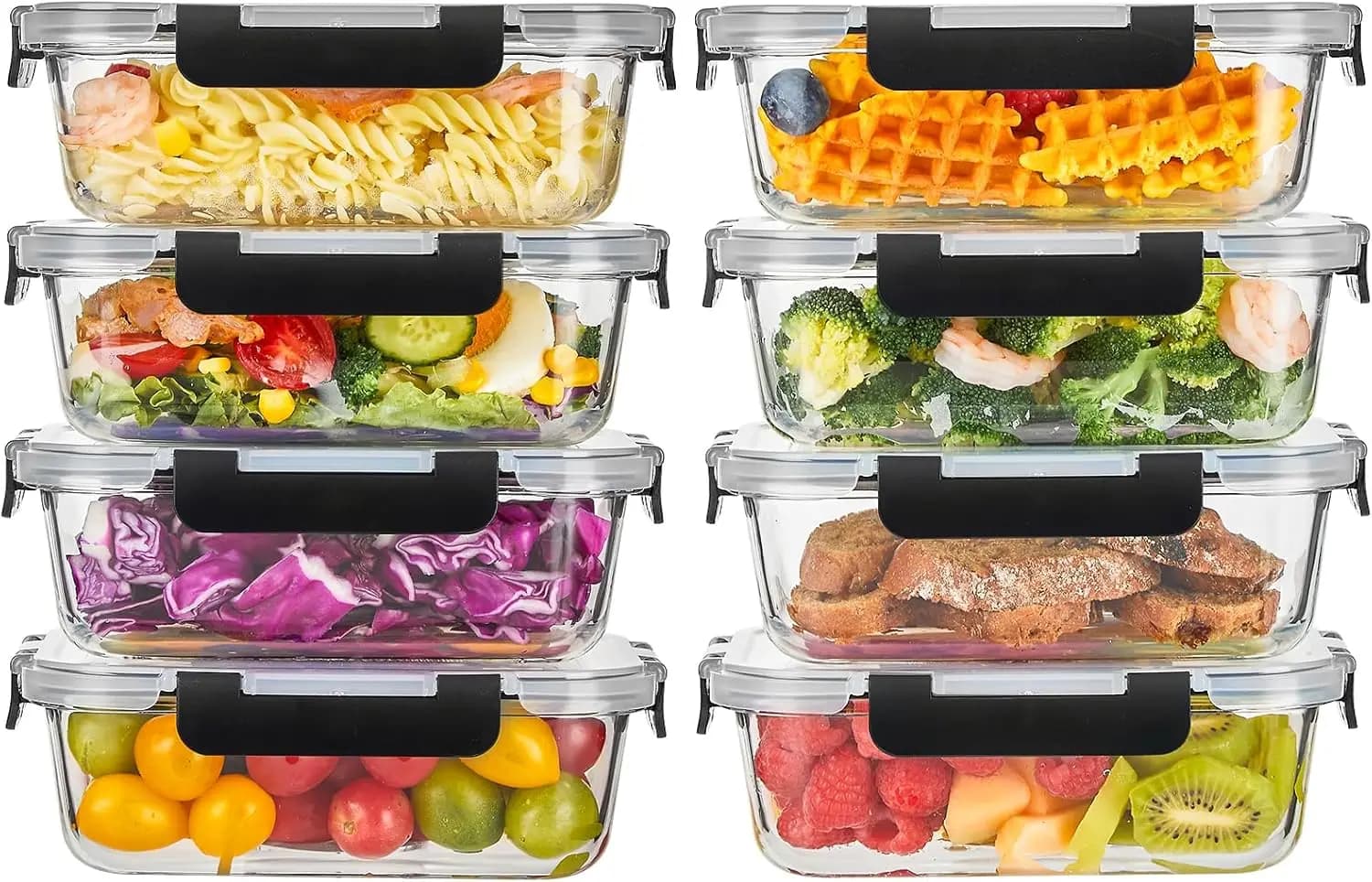 Set di 8 Contenitori in Vetro per Alimenti da 36OZ con Coperchi, Contenitori per Preparazione Pasti, Scatole Bento Ermetiche con Chiusura Antiperdita