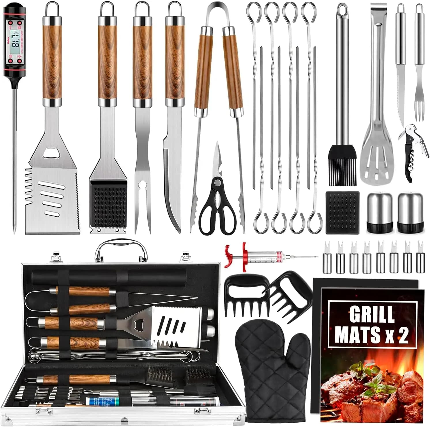 Set di 38 Utensili per Barbecue in Acciaio Inossidabile con Valigetta in Alluminio, Termometro e Tappetini per Cucina all'Aperto