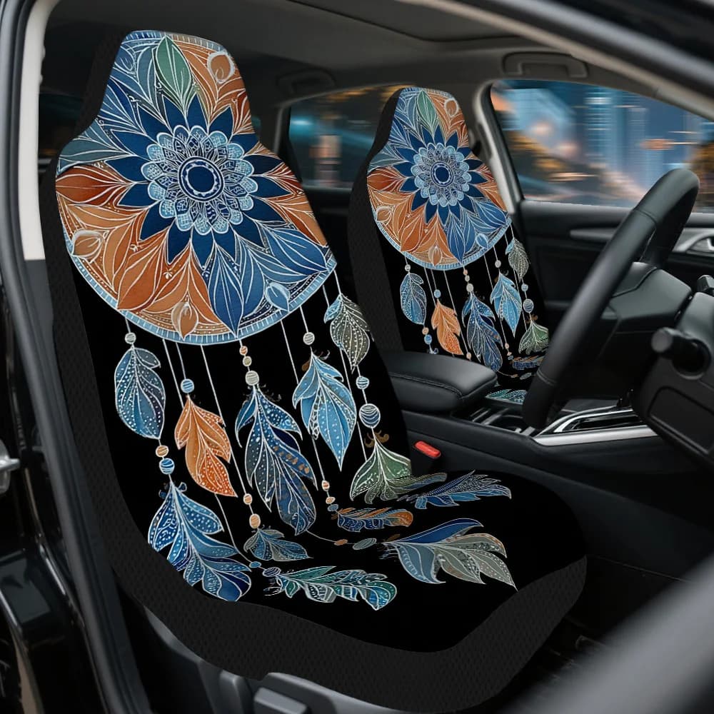 2pcs Bohemian Dream Catcher Car Seat Covers Compatible For Most Cars - Fit Front Seat Protectors With Boho Style, Durable & Mach