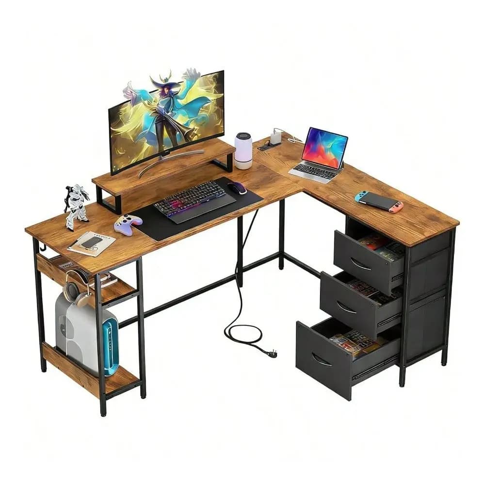 Scrivania, scrivania da gaming a forma di L con cassetti e vano portaoggetti, scrivania a forma di L con luci LED, prese di corrente, scrivania per PC con supporto per monitor