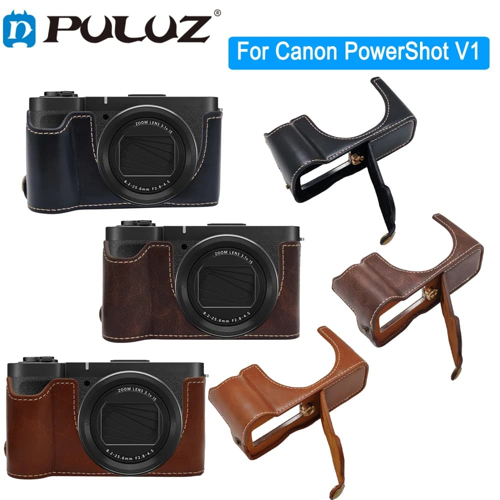PULUZ Mezza custodia per fotocamera in pelle PU per videocamera Canon PowerShot V1 2025 Base inferiore a vite da 1/4 di pollice