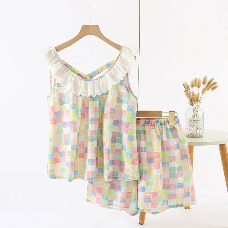 New Sweet Sleeveless Pajamas Women's Summer Cotton Thin Single-layer Gauze Suspender Shorts Lace Round Neck Loungewear Set