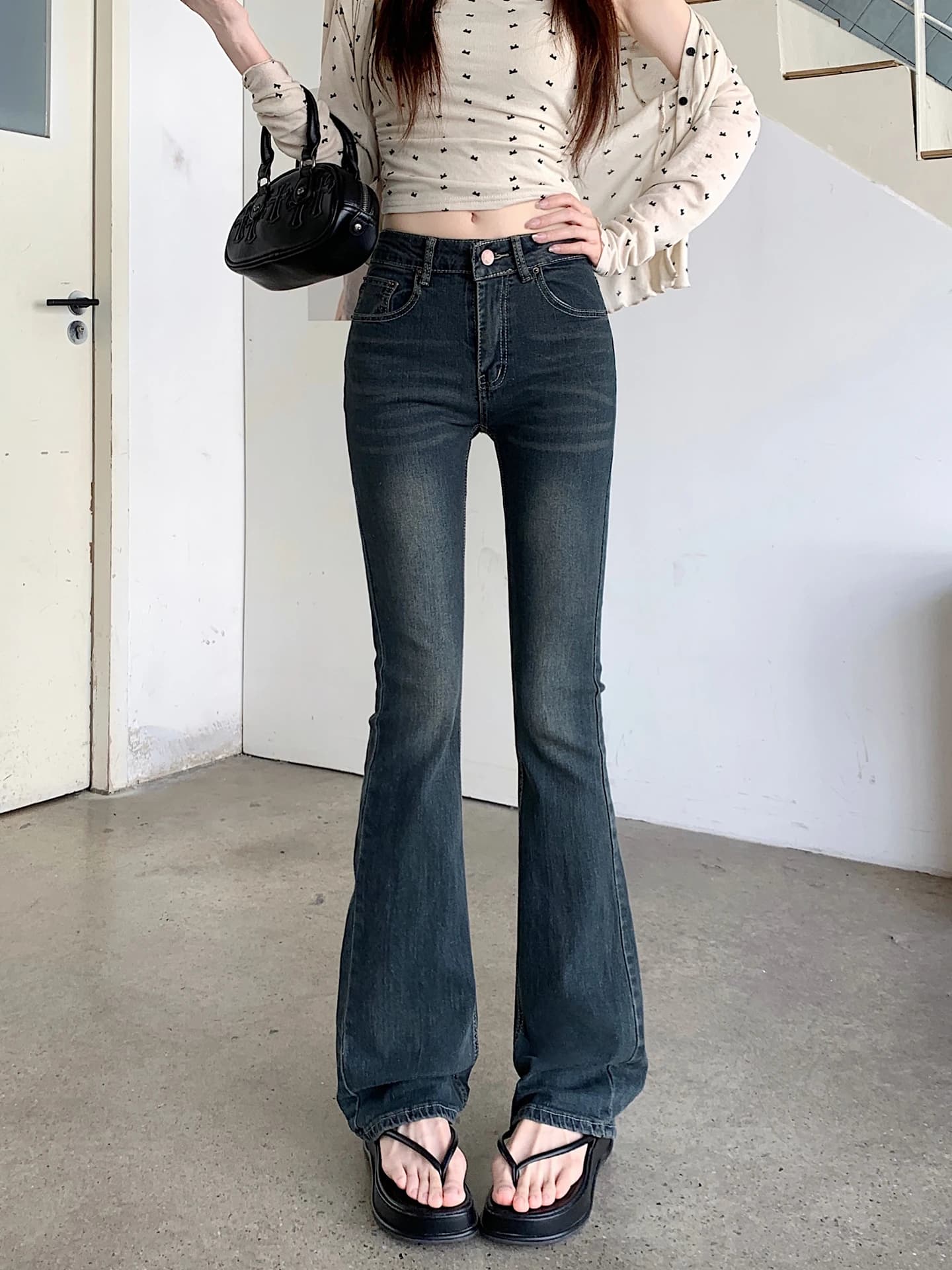 American Style High Waist Stretchy Micro Flared Denim Jeans Women Summer Vintage Blue Washed Tight Floor Length Hoof Pants