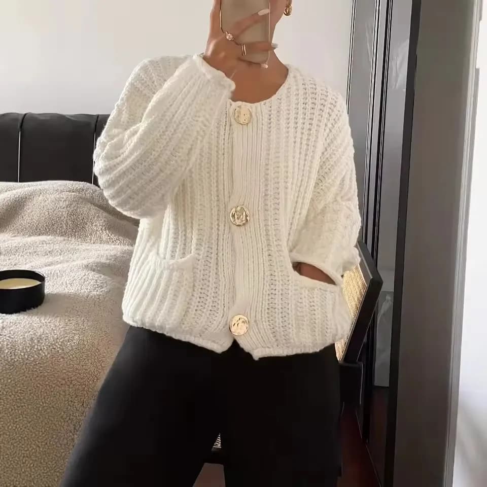 Cardigan in maglia grossa con bottoni dorati metallizzati per donna, accogliente giacca maglione Cardi con tasca frontale a maniche lunghe, autunno inverno