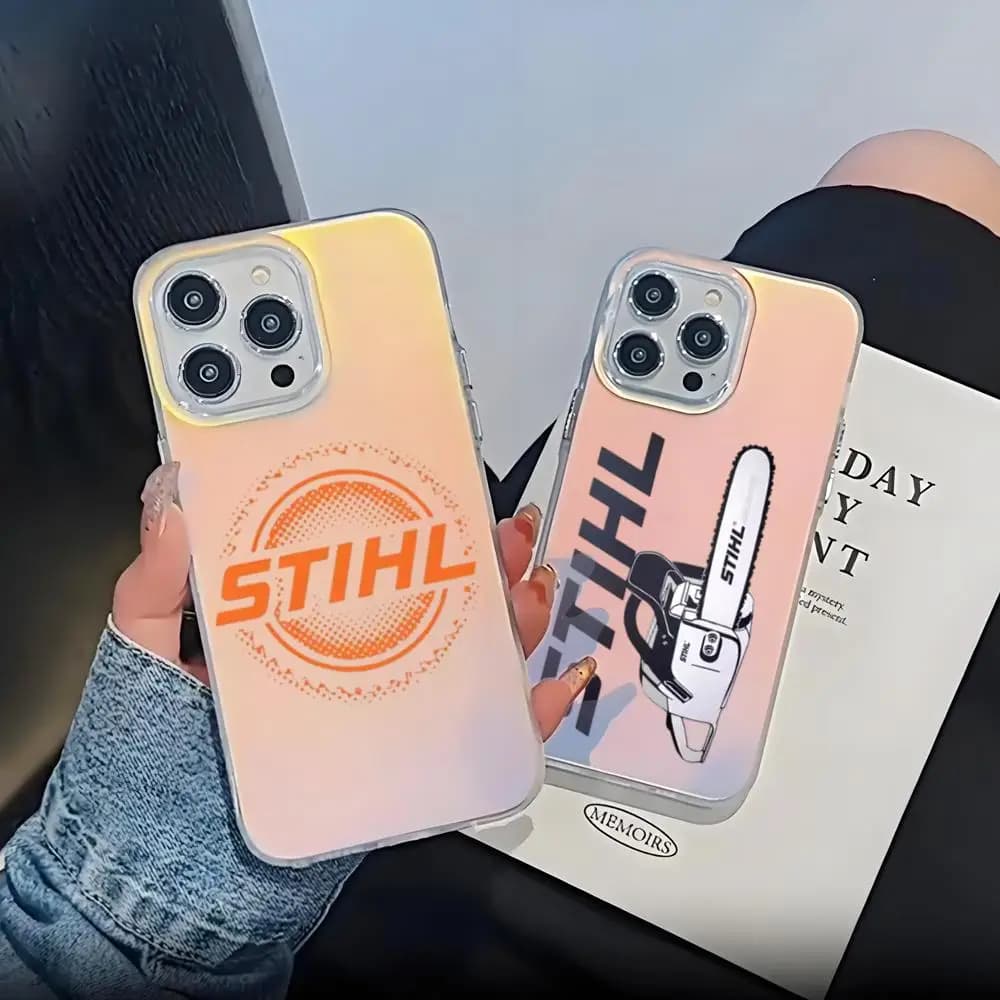 Cover per iPhone XAXC S-STIHLs Chainsaw Logo, per iPhone 16 15 14 13 12 11 Pro Max, nero opaco, multicolore, laser, metallizzato, effetto aurora