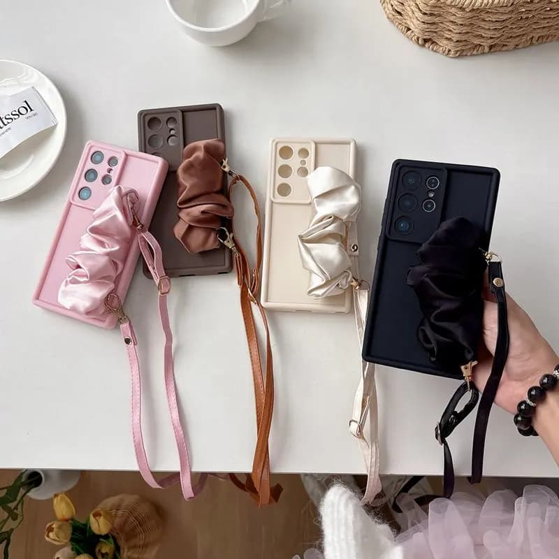Silk Scarf Wristband Lanyard Phone Case For Samsung Galaxy S25 Edge S24 FE S23 S22 S21 FE S20 FE Ultra Plus A07 A17 M36 5G Cover