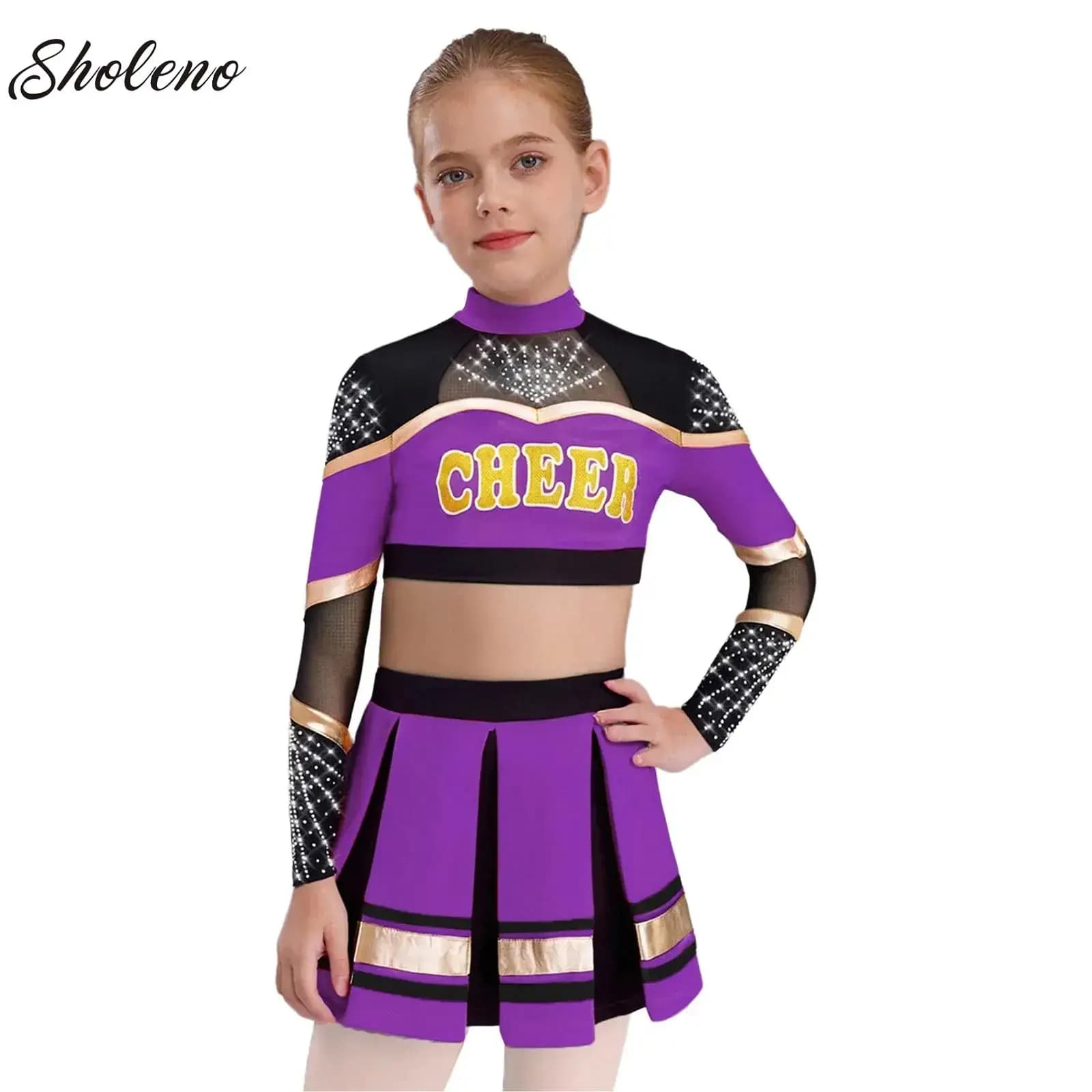 Long Sleeved Cheerleader Crop Top Skirt Set Girls Holiday Party Cute Homecoming Season Sports Carnival Performance Costume