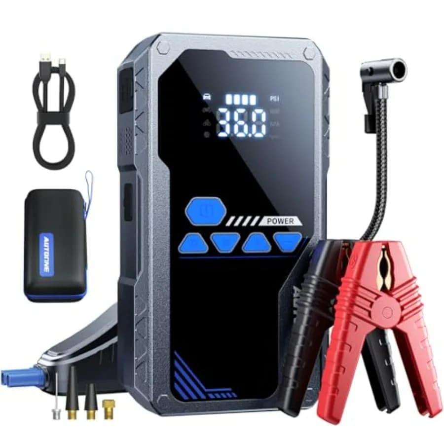 Avviatore di Emergenza Portatile con Compressore d'Aria per Tutte le Auto a Benzina e Diesel 12L, Gonfiatore Pneumatici 150PSI, Torcia LED, Display LCD, Stora