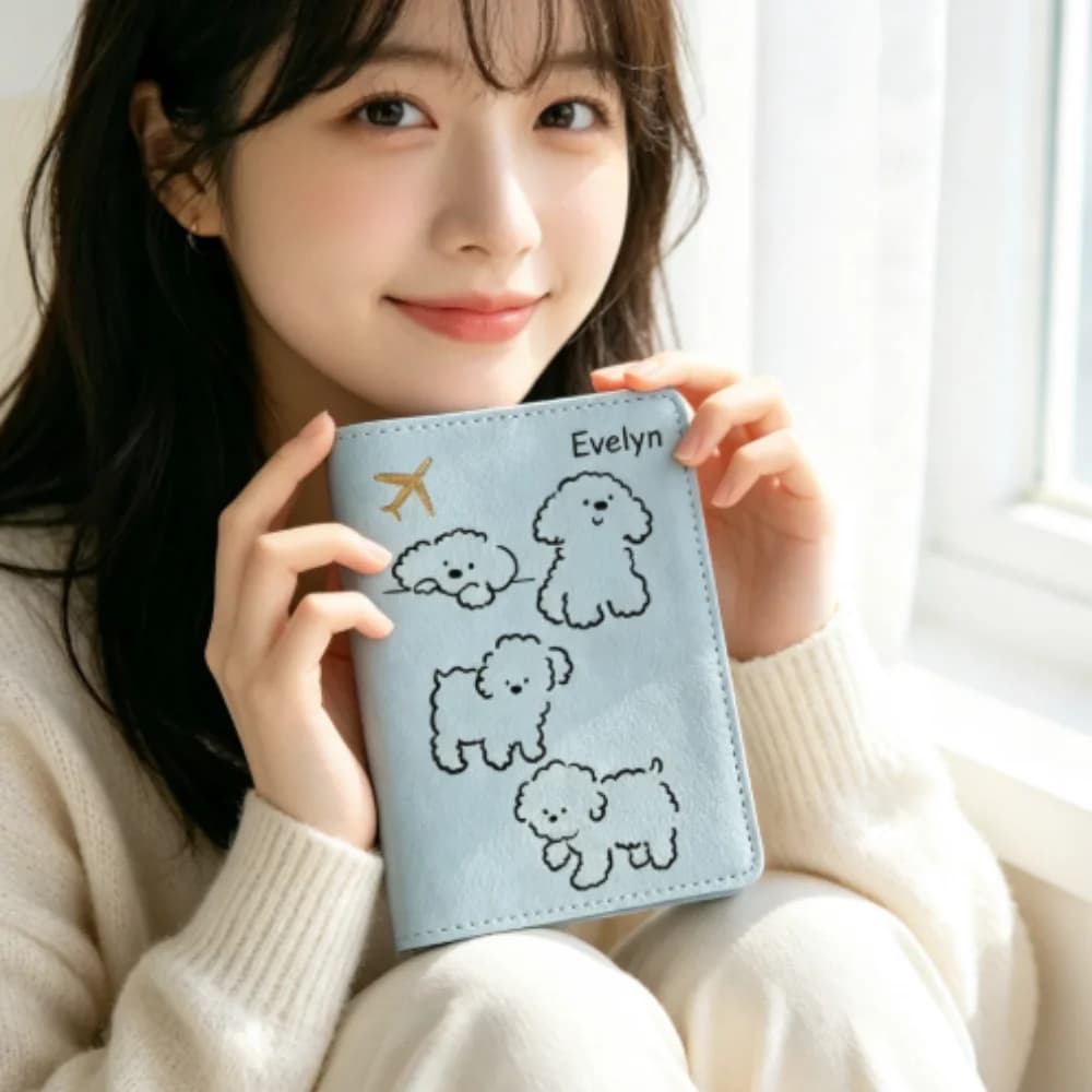 Customized Text Name Passport Holder with Adorable Cartoon Puppy Print, Minimal Airplane Pattern Portable Travel Passport Pouch