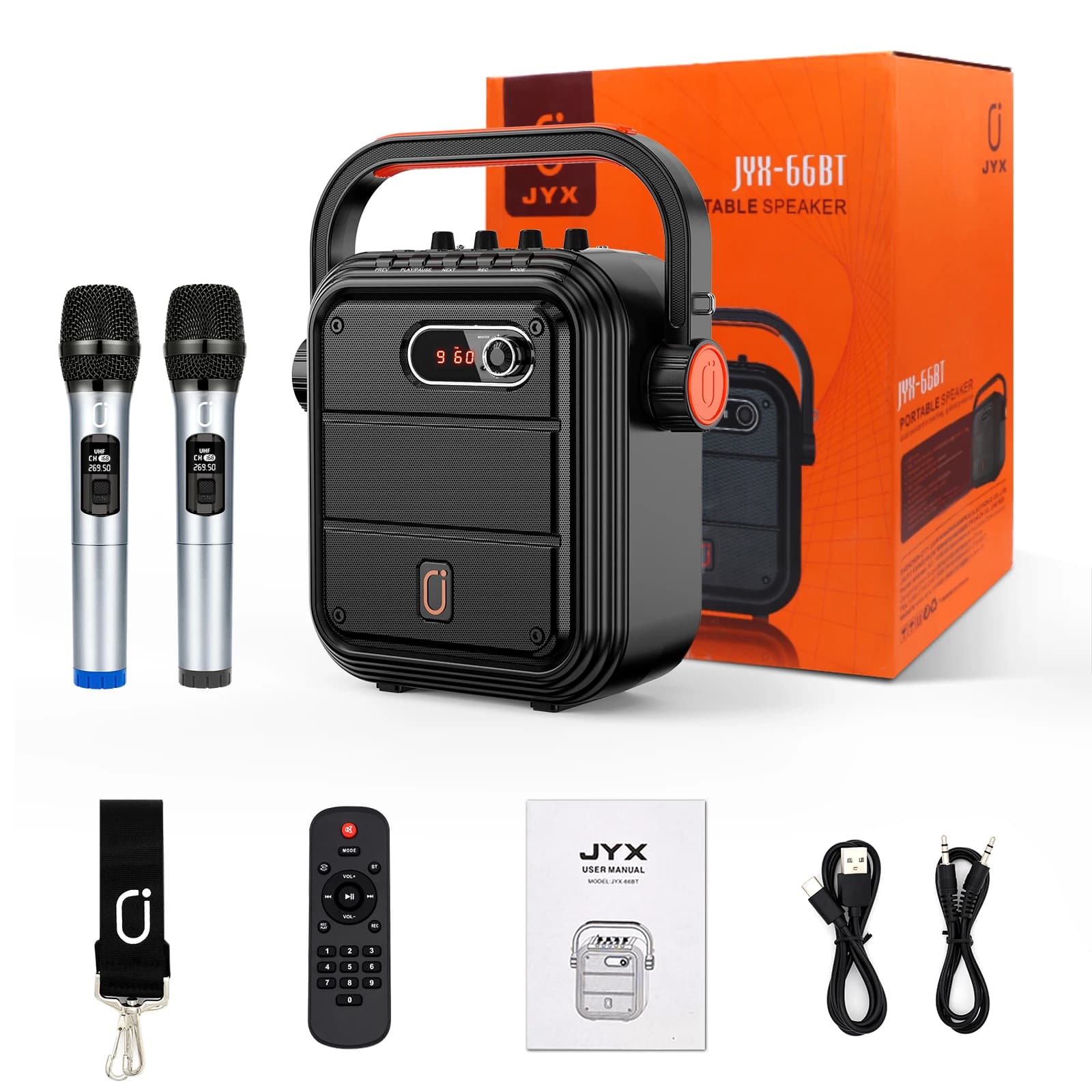 Macchina per karaoke JYX con 2 microfoni wireless UHF, altoparlante Bluetooth portatile con tracolla, amplificatore di potenza subwoofer PA