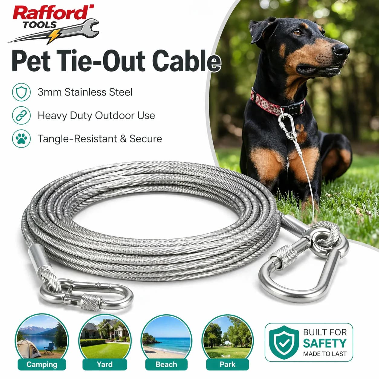 Cavo di Ancoraggio per Animali Domestici Rafford in Acciaio Inox da 3mm, Guinzaglio per Cani Resistente e Antiscivolo, Filo Multiuso per Esterni, Giardino e Balcone