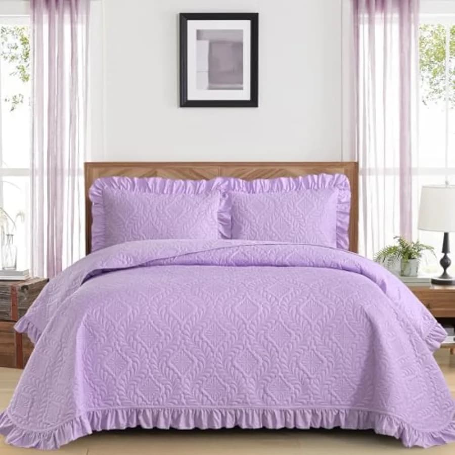 Set Copriletto Trapuntato Viola con Volant, Leggero e Morbido, Coperta Trapuntata a Trama Intrecciata Sottile per Letto