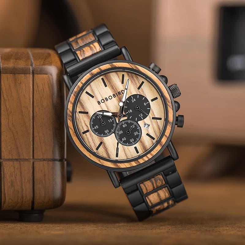 BOBOBIRD Luxury Men's Watch Top Quartz Chronograph Custom Wrist Watch Metal and Wood Strap Gift Pack Masculine